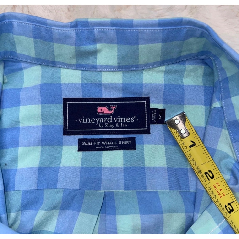 Vineyard Vines Slim Fit Whale Shirt Mens Small Blue Green Gingham Button Down - Picture 5 of 7